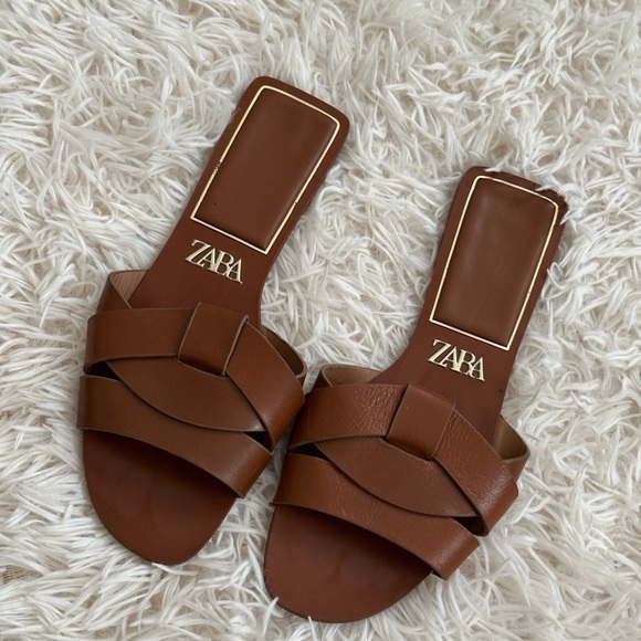 Zara Brown Braided Leather Slide Sandals - Picture 3 of 5